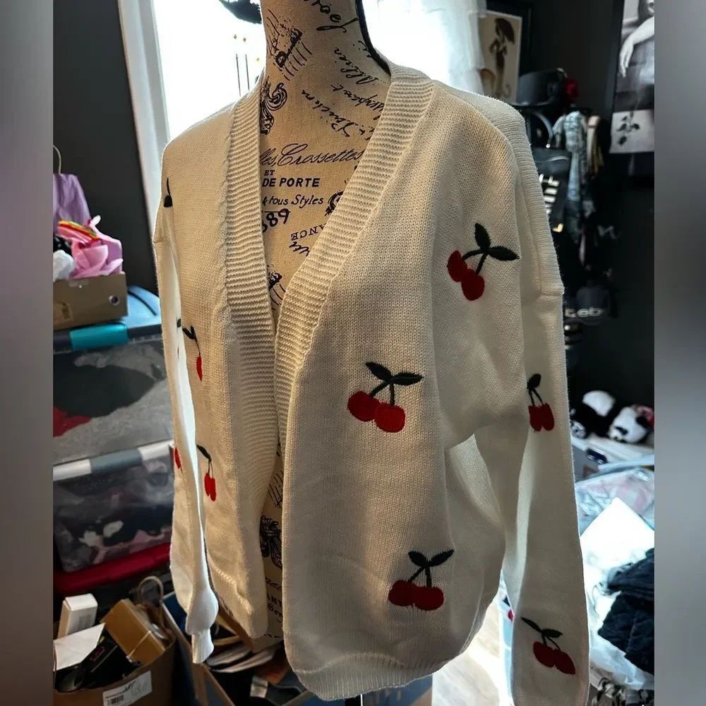 Cream Cherry-Embroidered Open Front Cardigan
